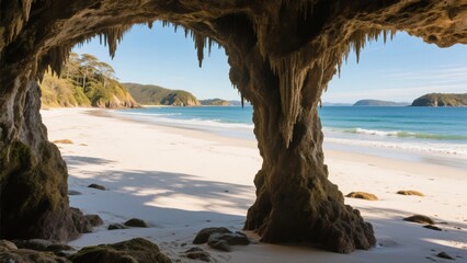 Cave Entrance on a Sandy Beach with Ocean View