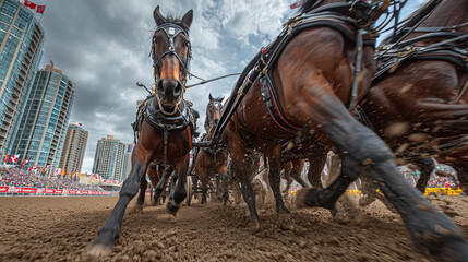 Close-Up Action Shot of Chuckwagon Horses Racing at the Calgary Stampede Amidst Downtown Skyline and Dirt Flying