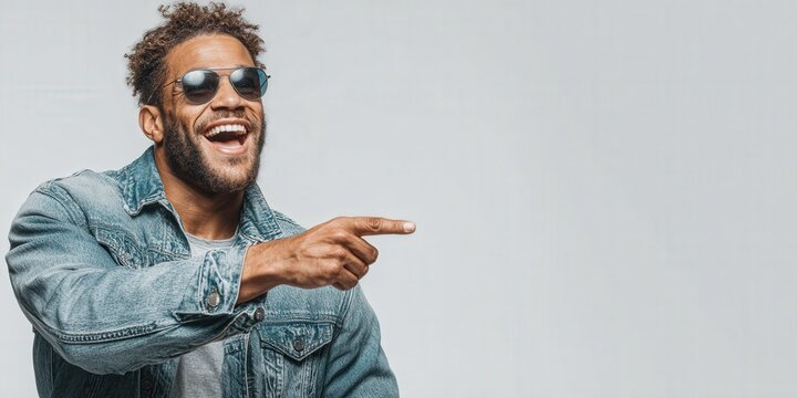Joyful Man: A smiling man with sunglasses points excitedly, radiating warmth and positivity in a dynamic and engaging shot. Ai Image