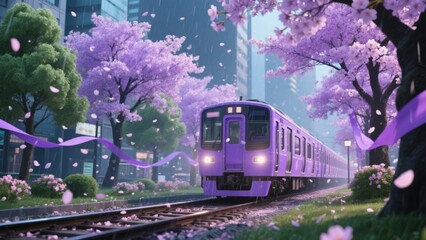 Fototapeta premium Purple Train Passing Through a City with Blooming Cherry Blossoms