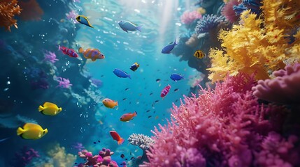 Fototapeta premium Underwater paradise showcases a thriving coral reef system, teeming with diverse fish species in