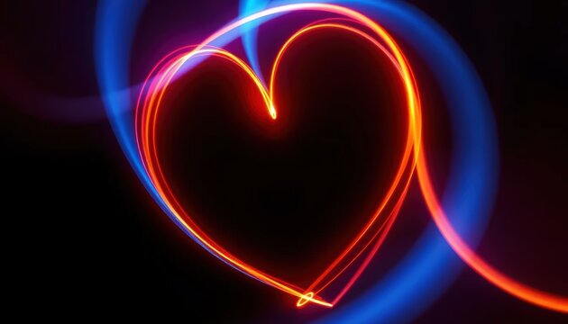 Abstract light painting of a heart shape, vibrant orange and blue light trails - Powered by Adobe