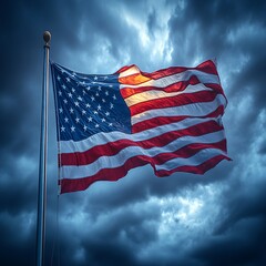 American flag billowing majestically against a dramatic, stormy sky