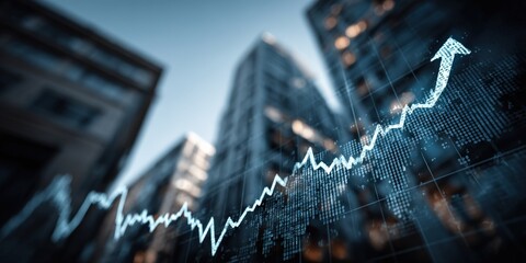 Soaring Ambitions: A striking graph charts an upward trajectory, overlayed against a blurred cityscape backdrop, symbolizes economic growth and progress. Ai Image