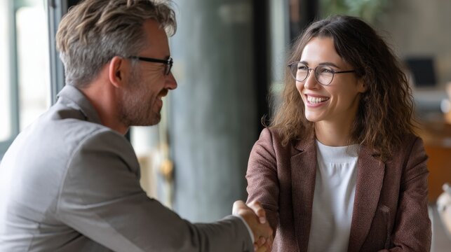 A handshake between a client and consultant at the conclusion of a successful meeting, smiles and gratitude shared.