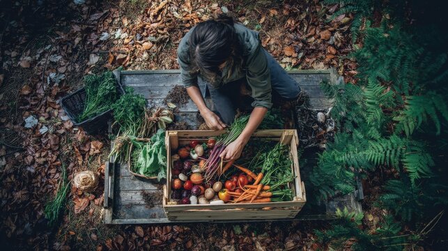A harvest celebration moment where a woman arranges fresh, unaltered produce into a crate, surrounded by nature and satisfaction.