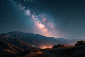 Clear night sky with the Milky Way galaxy over mountain range, stars vividly visible, no light pollution