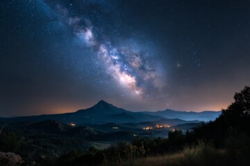Clear night sky with the Milky Way galaxy over mountain range, stars vividly visible, no light pollution