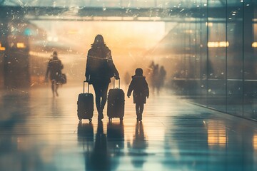 Silhouette of a woman and child traveling with luggage in a bustling airport at sunset