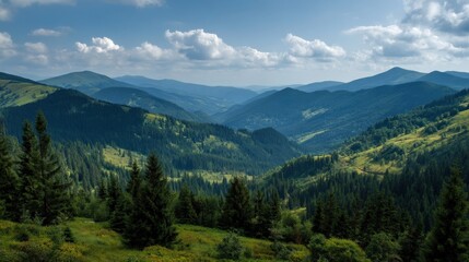 Obraz premium A majestic summer day in the Ukrainian Carpathians, capturing forested hills and high-altitude greenery glowing under the blue sky.