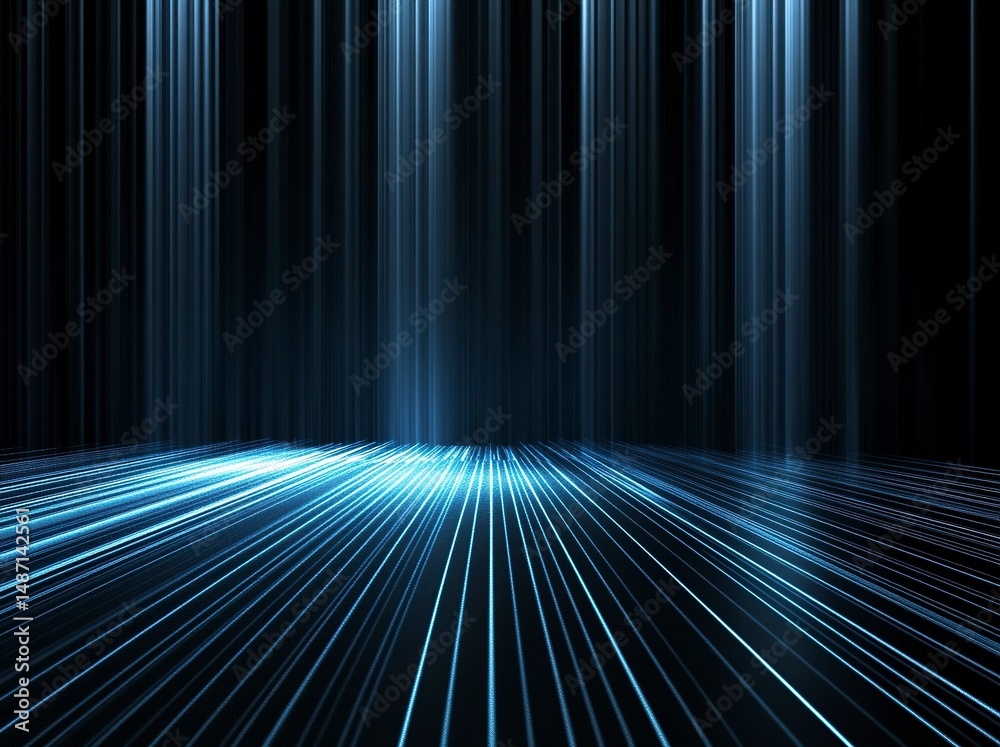 Poster abstract dark background with glowing blue light and long white rays on a black floor, an empty scen