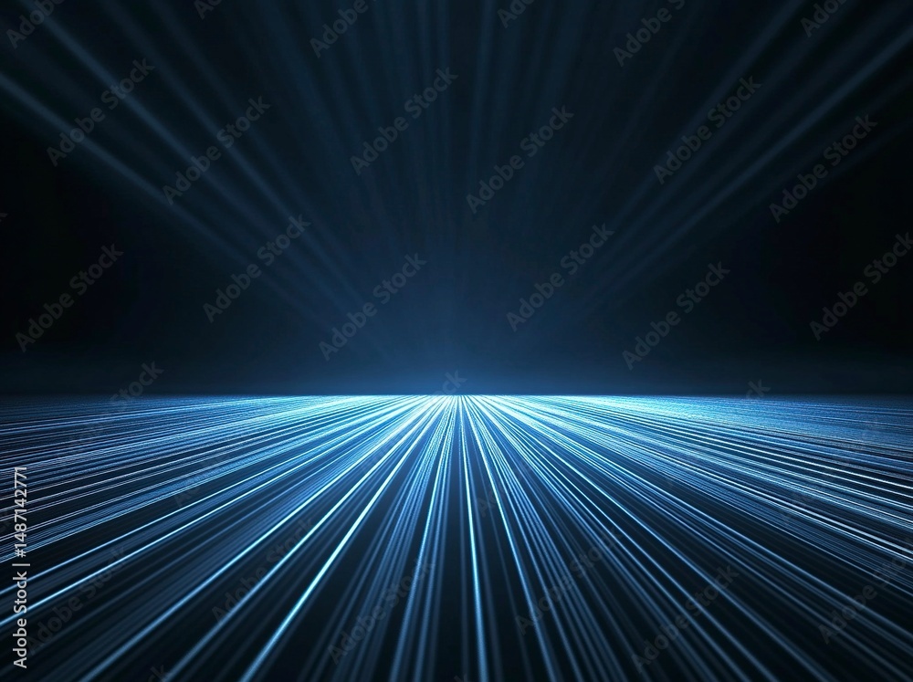 Poster abstract dark background with glowing blue light and long white rays on a black floor, an empty scen