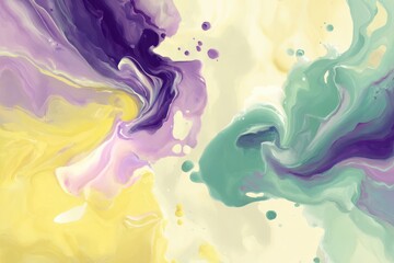 Calm splash painting in soft yellow, deep purple, and pastel green hues, blending seamlessly.