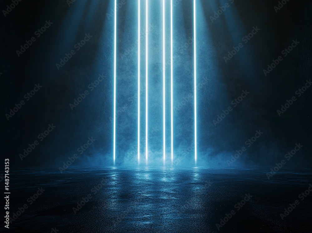 Poster abstract dark background with glowing blue light and long white rays on a black floor, an empty scen