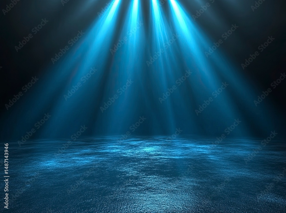 Poster abstract dark background with glowing blue light and long white rays on a black floor, an empty scen