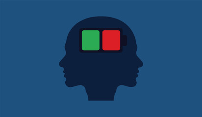 Two human head profiles with full green and soft red battery icons inside. Creative minimalist style on blue background. Concept of mental and emotional energy.