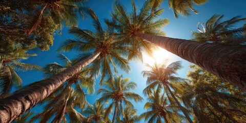 Tropical Paradise: A breathtaking perspective upward towards the sun, framed by tall, elegant palm trees. It's a perfect representation of a summer tropical destination. Ai Image