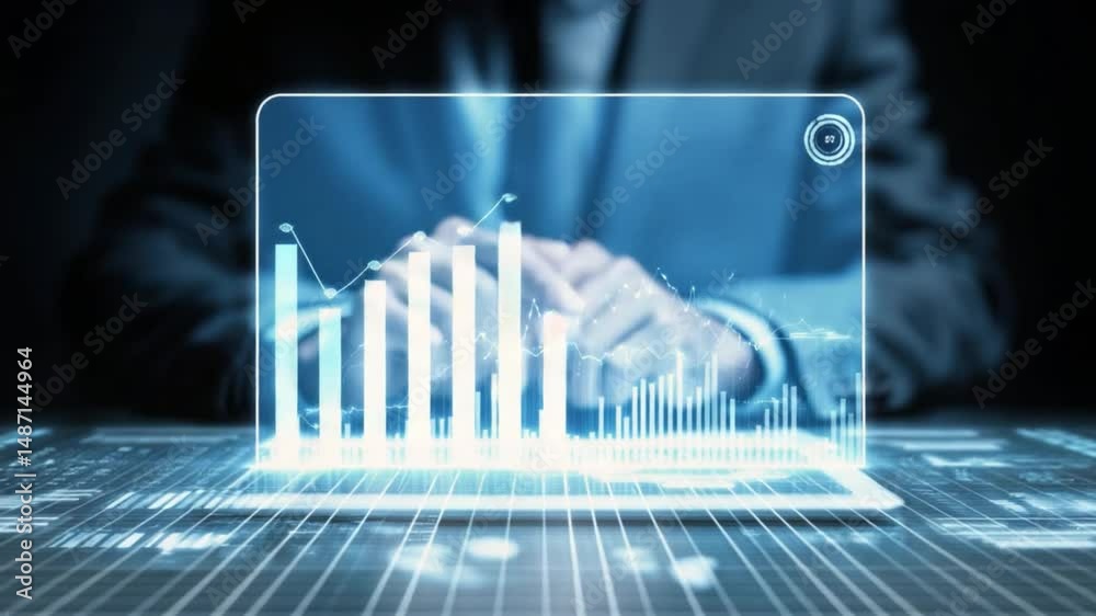 Poster data analysis: a modern depiction of data analysis, with a professional's hands interacting with a t