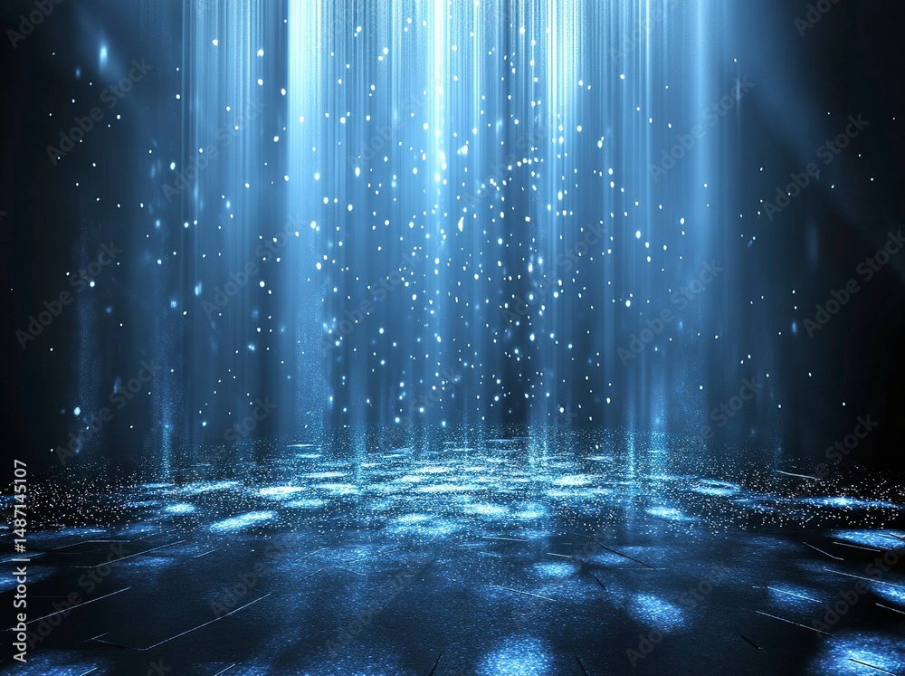 Poster abstract dark background with glowing blue light and long white rays on a black floor, an empty scen