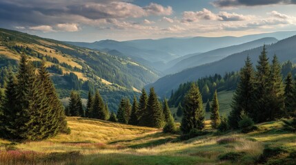 Obraz premium A peaceful day in the Carpathians with warm sunbeams lighting up green mountain slopes and endless coniferous forests stretching into the distance.
