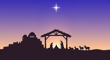 Fototapeta premium Nativity Scene Silhouette with Star and Building at Dusk