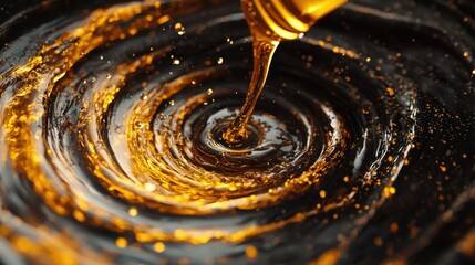A mesmerizing 3D render of a bottle of oil being poured into a glass on a dark background,