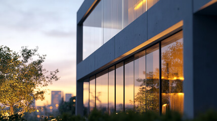 Fototapeta premium Sustainable glass office building design, Modern glass buildings with reflective facades set against a beautiful sunset clouds, Sleek facade of modern glass office architecture reflecting the sky.