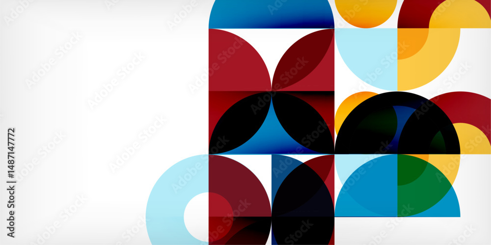 Poster Abstract geometric composition. Overlapping circles create complex patterns, vibrant colors dominate design. Minimalist aesthetic, modern art style.