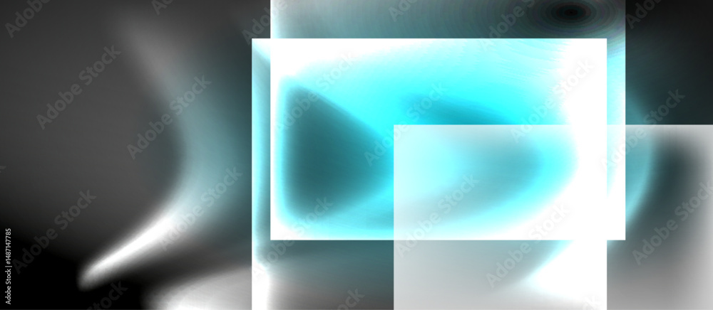 Poster Abstract composition features glowing squares, fluid shapes. Dark background emphasizes bright, cool tones, creating dynamic visual effect.