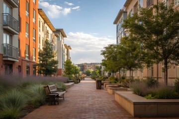Fototapeta premium Urban pathway lined with landscaped gardens and colorful residential buildings in late afternoon light