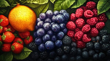 A vibrant illustration featuring three sections of assorted fruits: on the left, a whole strawberry with green leaves,