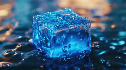 A melting ice cube sits on a smooth, reflective surface, surrounded by droplets of water.