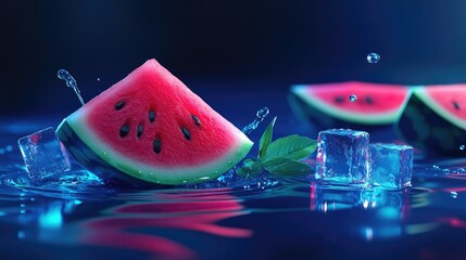 A vibrant slice of watermelon surrounded by splashes of water and ice cubes,