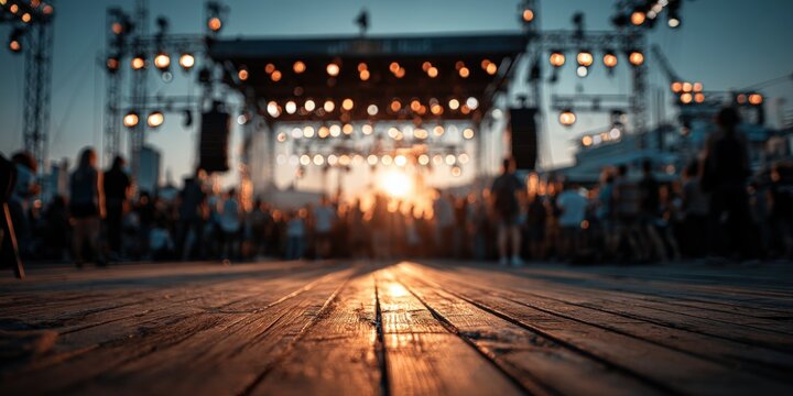 Echoes of Rhythm: A musical event unfolds beneath a dusky sky, as the crowd pulsates to the music, the stage lights casting a warm glow on the wooden stage. A symphony of sound and light Ai Image
