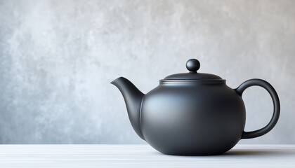 A matte black teapot on a white acrylic tabletop.  Generative AI.