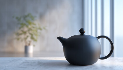 A matte black teapot on a white acrylic tabletop.  Generative AI.