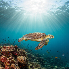 Obraz premium Sea turtle swimming over coral reef