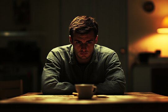 A pensive man sits alone at a table, staring into a coffee cup in a dimly lit room