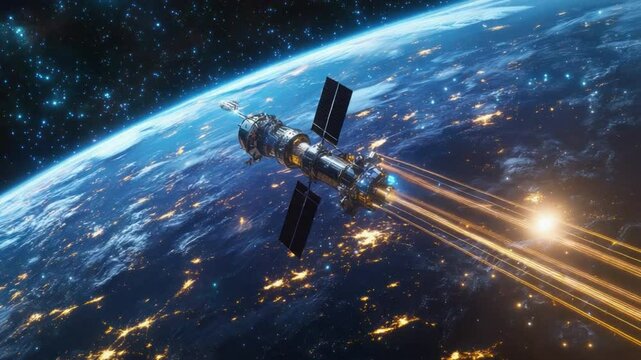 Satellite orbiting Earth: A futuristic satellite gracefully traverses the expanse of space, its metallic form gleaming against the backdrop of a vibrant, luminous Earth, as it orbits.