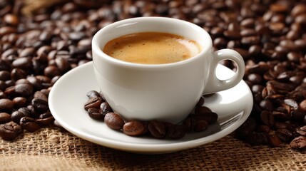 Fototapeta premium A steaming cup of espresso in a white cup, centered on a saucer and enveloped by a warm spread of coffee beans.
