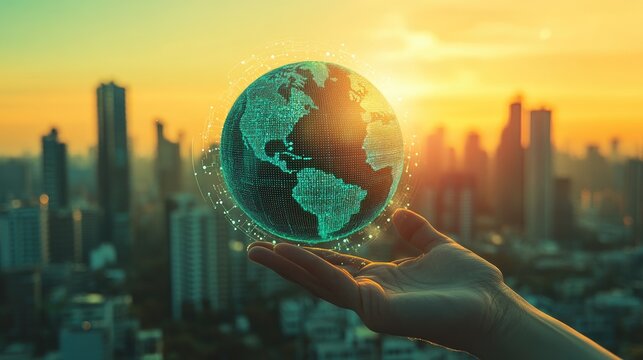 A digital globe held aloft, showcasing global connectivity amidst a city skyline. - Powered by Adobe