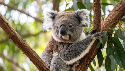 Charming koala portrait amid lush eucalyptus foliage in a serene outdoor setting