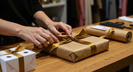 Hands wrapping gift box with gold ribbon on wooden table. Gift packaging and presentation concept. Handmade wrapping and personal touch. Holiday preparation and special occasion