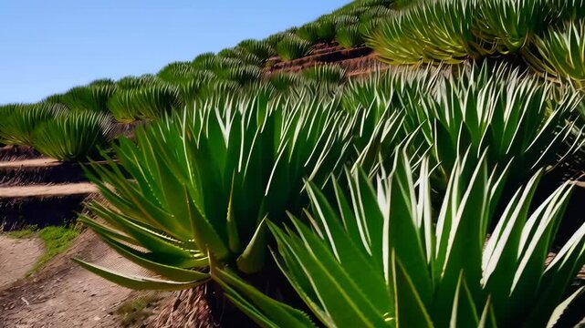 Terraced farm with agave plants lining the tiers under a clear sky offering a sustainable agricultural landscape