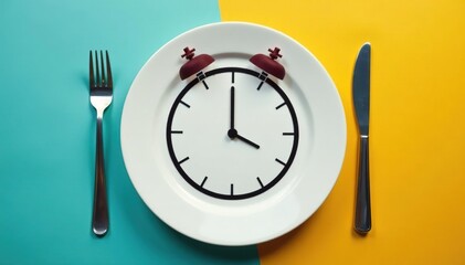 Empty plate with clock, signifying time-restricted eating, restriction, diet