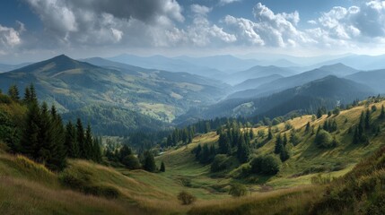 Fototapeta premium A summer dreamscape in the wild Carpathians of Ukraine, featuring scenic slopes, forests, and a clear atmosphere of peace.