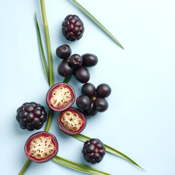 Ripe acai berries and palm leaves on light blue background
