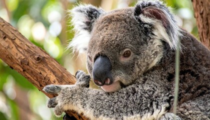 Obraz premium Charming koala portrait nestled securely in a eucalyptus branch habitat