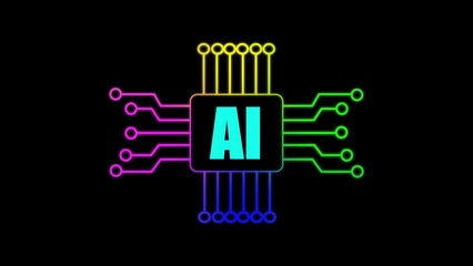 Futuristic illustration of artificial intelligence concept featuring a glowing neon circuit board and the letters ai on a stark black background.