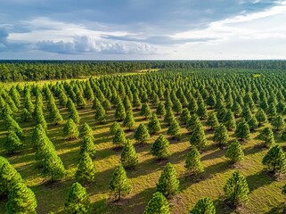 Fototapeta premium Aerial view of a pine forest in a Brazilian Christmas tree farm, with rows of trees for commercial production of Christmas trees. This is a real photograph, not a rendering. generative ai